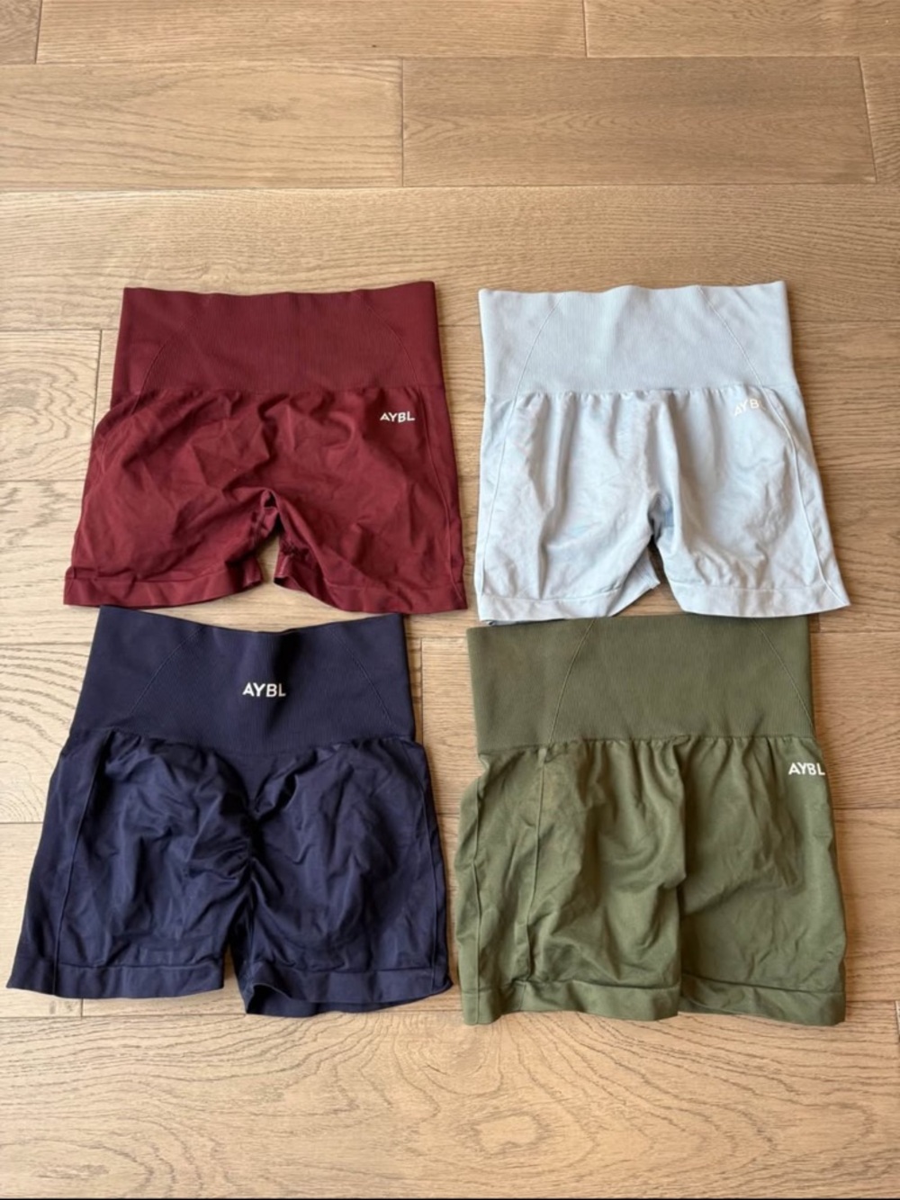 AYBL Seamless Shorts with matching bras in Burgundy, Light blue, Navy & Olive